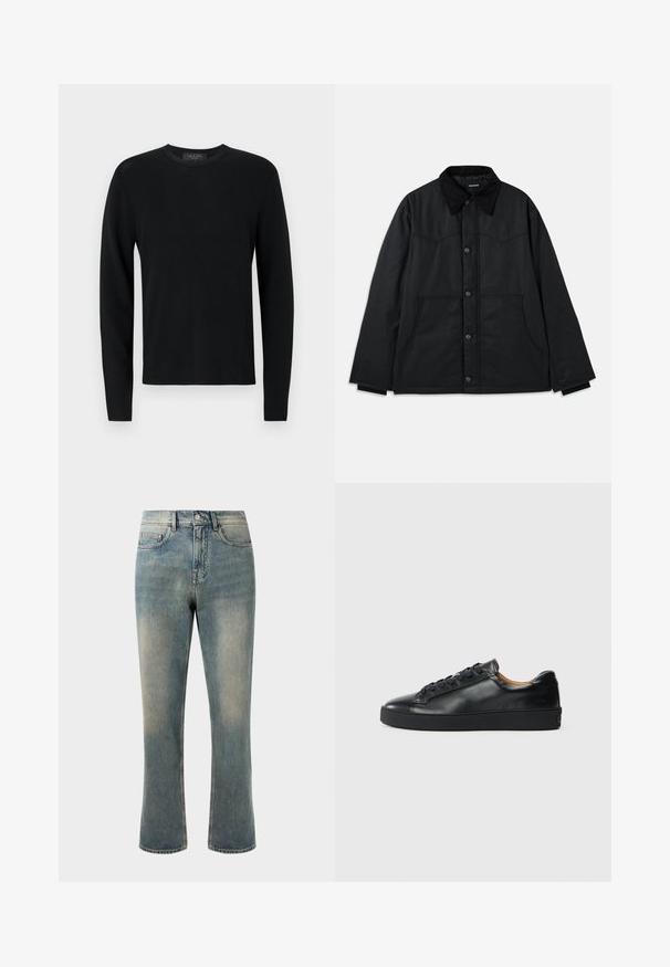 Veste en toile noire avec fermeture à bouton, col texturé contrastant, poches latérales et détaillage de coutures subtil. Pas de logos visibles.; Pull longs en coton noir avec une texture côtelée, col rond et manches ajustées. Design uni sans motifs ni accents.; Jean en denim bleu clair avec une jambe droite, taille mi-haute et décoloration subtile. Comprend un style de poche classique et des coutures contrastées.; Baskets en cuir noir avec une texture lisse, bout rond et fermeture à lacets. Comprend une semelle en caoutchouc épaisse et un minimum de détails de marque.