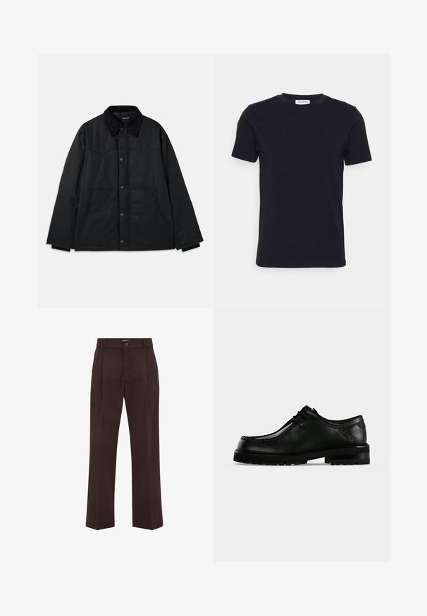 Veste en toile noire avec fermeture à bouton, col texturé contrastant, poches latérales et détaillage de coutures subtil. Pas de logos visibles.; T-shirt noir à manches courtes avec un col ras-du-cou, muni d'une petite étiquette blanche à l'intérieur du col.; Pantalon droit de couleur brun foncé avec plis avant, poches latérales, passants pour ceinture, fermeture par bouton et braguette zippée.; Chaussure en cuir noir à lacets avec semelle épaisse en caoutchouc et couture moc toe, vue de profil gauche sur fond clair uni.