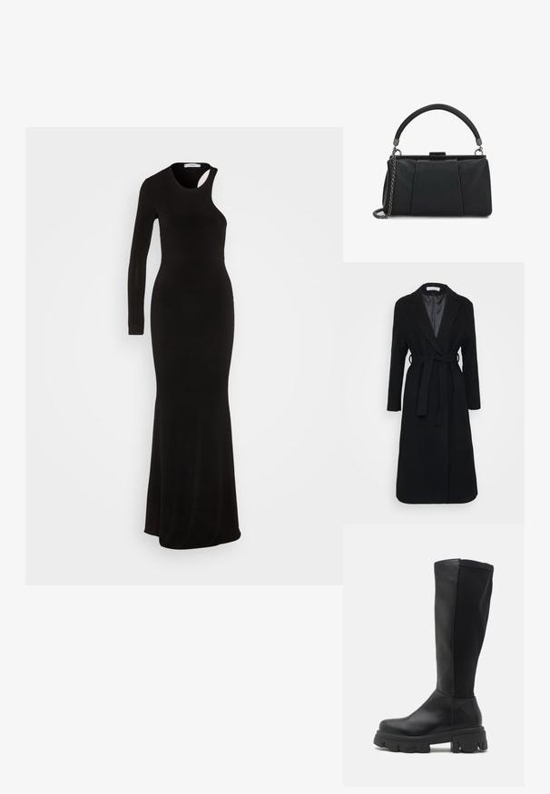 Manteau en laine noir avec un col cranté, des manches longues et une ceinture à nouer à la taille. Doublure lisse, design jusqu'aux genoux.; WAL G. MILA ASYMMETRIC - Robe de cocktail - black; RAID WILMA - Bottes à plateau - black; Petit sac à main en cuir noir avec une poignée supérieure et une bandoulière chaîne métallique amovible sur fond blanc.