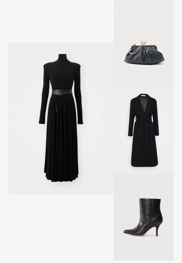 Must mustmantel, millel on lõhenenud krae, pikad varrukad ja ennast siduv vöö vööl. Sile sisemine vooder, põlvekõrgune disain.; Norma Kamali SHOULDER PAD TURTLE FLARED DRESS TO MIDCALF - Trikotaažkleit - black; Must musta jalatsid terava ninaga, õhukese stiletto kontsaga ja siledast nahast. Minimalistlik disain ilma nähtava riistvarata või aksessuaarideta.; Meresinine nahast käekott kimpudega, hõbedase kettast rihma ja klõpskinnisega. Sile pind väikese läikega.