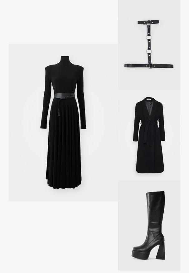 Sort uldfrakke med klapkrave, lange ærmer og selvbinderbelte i taljen. Glat inderfor, knælangt design.; Norma Kamali SHOULDER PAD TURTLE FLARED DRESS TO MIDCALF - Jerseykjole - black; Sorte læder knæhøje støvler med en chunky platform og geometrisk høj hæl. Glat tekstur med syede detaljer ved den øverste kant.; Sort sele i kunstlæder med sølvfarvede metalkrøller og nitter, med justerbare stropper arrangeret i et lodret og vandret mønster.