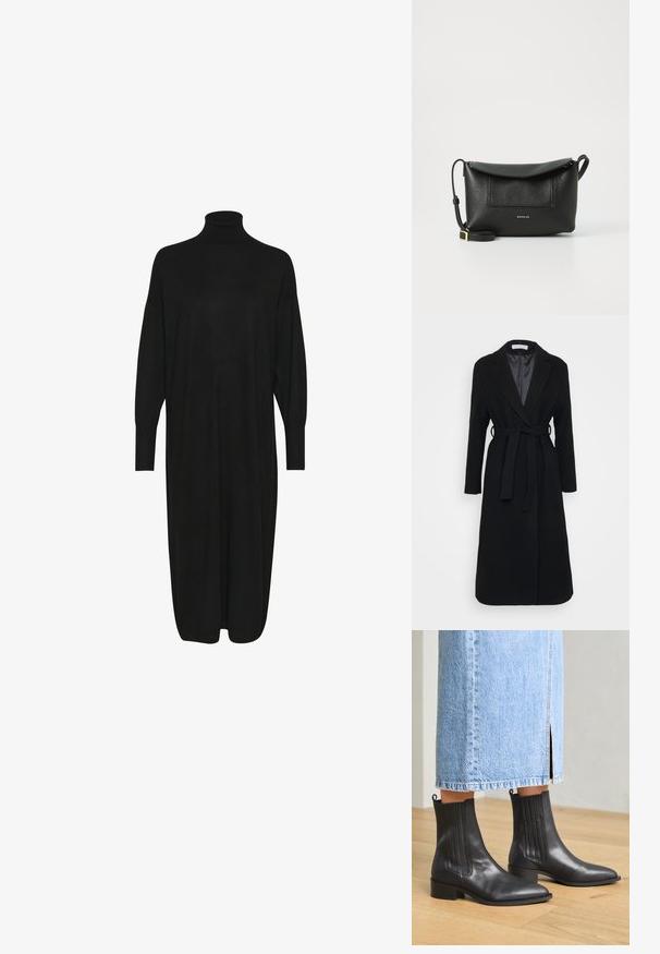 Abrigo de lana negro con solapa muesca, mangas largas y cinturón anudado en la cintura. Forro interior suave, diseño hasta la rodilla.; Vestido negro de punto con un cuello alto tipo mock, mangas largas y un corte holgado. Textura suave con una longitud hasta la mitad de la pantorrilla y sin patrones ni acentos visibles.; Pavement SHANI - Botines - black; Bolso cruzado de cuero negro con un acabado texturizado, tapa con solapa y bolsillo frontal. Cuenta con un logo de la marca en dorado y una correa ajustable.