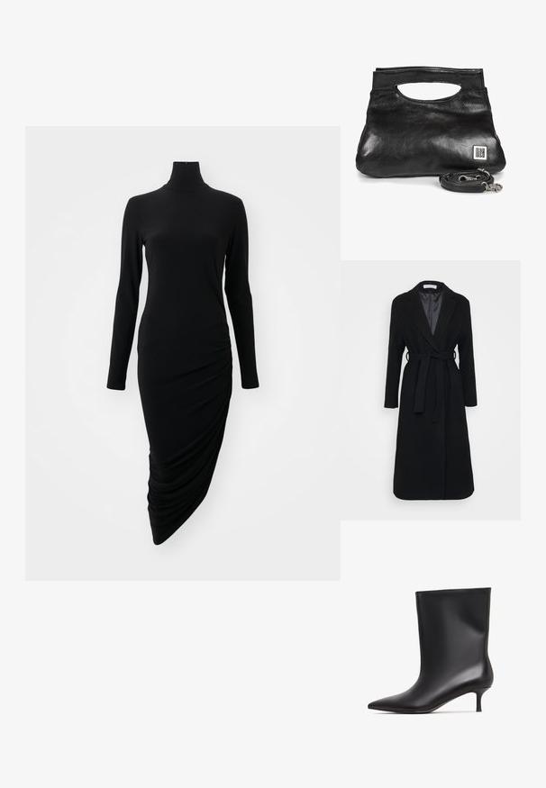 Manteau en laine noir avec un col cranté, des manches longues et une ceinture à nouer à la taille. Doublure lisse, design jusqu'aux genoux.; Robe noire à manches longues avec un col montant, présentant un design froncé sur un côté, fabriquée à partir d'un tissu lisse et extensible.; Botte de cheville en cuir noir avec une finition lisse, un bout pointu et un petit talon. Design simple sans embellissements supplémentaires.; Pochette en cuir noir avec poignée découpée et bandoulière amovible, décorée d'un petit logo AS98 argenté sur le devant.