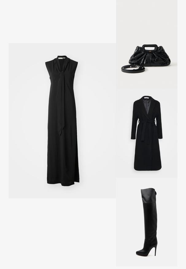 Abrigo de lana negro con solapa muesca, mangas largas y cinturón anudado en la cintura. Forro interior suave, diseño hasta la rodilla.; Vestido maxi negro sin mangas con cuello atado, material fluido, abertura lateral y textura suave. Diseño simple y elegante.; Bota de cuero negra hasta la rodilla con puntera puntiaguda y tacón alto de aguja sobre fondo blanco.; Bolso pequeño de cuero negro con textura fruncida, asa rectangular y correa de hombro delgada y desmontable colocada al lado.