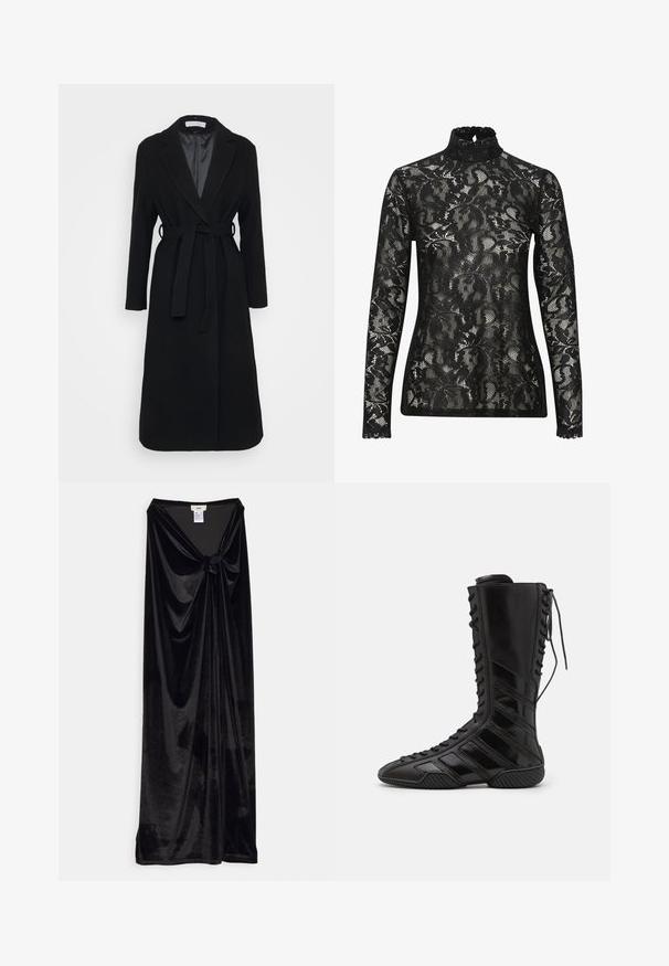 Abrigo de lana negro con solapa muesca, mangas largas y cinturón anudado en la cintura. Forro interior suave, diseño hasta la rodilla.; Top de encaje negro con cuello alto y mangas largas, que presenta un intrincado patrón floral y un escote con volantes. Tejido transparente y texturizado.; GmbH LONG SKIRT WITH A KNOT - Falda larga - black; Botas altas negras de material sintético brillante, con un intrincado diseño de cordones y acentos de rayas diagonales en los costados.