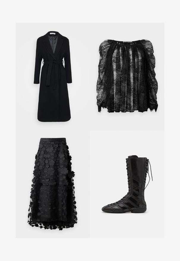 Manteau en laine noir avec un col cranté, des manches longues et une ceinture à nouer à la taille. Doublure lisse, design jusqu'aux genoux.; Blouse en dentelle noire avec un tissu transparent, des manches bouffantes, un design plissé et un ourlet festonné. Motifs floraux intriqués sur l'ensemble.; Jupe midi noire en tissu transparent avec des appliqués floraux superposés. Présente une taille lisse et une silhouette fluide. Sans fermetures visibles.; Bottes montantes noires en matériau synthétique brillant, présentant un design de laçage sophistiqué et des accents de rayures diagonales sur les côtés.