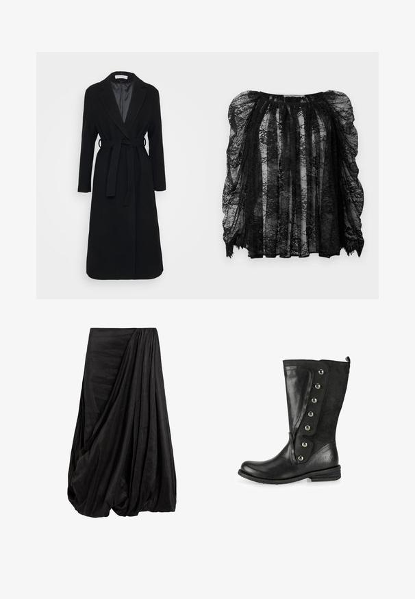 Manteau en laine noir avec un col cranté, des manches longues et une ceinture à nouer à la taille. Doublure lisse, design jusqu'aux genoux.; Blouse en dentelle noire avec un tissu transparent, des manches bouffantes, un design plissé et un ourlet festonné. Motifs floraux intriqués sur l'ensemble.; Jupe drapée noire en tissu doux, présentant des plis intricats et une silhouette fluide avec un détail de taille froncée.; Bottes noires montantes en cuir et suède. Elles disposent de boutons métalliques sur le côté, d'un bout rond et d'un petit talon empilé.