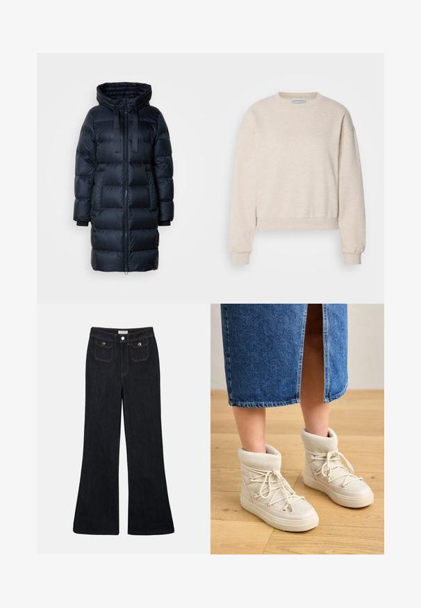 Manteau matelassé bleu marine avec col montant, fermeture éclair à l'avant et capuche avec cordon de serrage ajustable. Comprend des poignets côtelés et un tissu matelassé.; Sweatshirt beige clair en tissu doux, doté d'un col rond, de coutures d'épaule tombantes et de poignets et ourlet côtelés.; Jeans en denim foncé évasés avec une taille haute, deux poches avant et des coutures orange. Le matériau semble robuste et lisse.; Bottes beiges à la cheville avec un doux revers en tricot et des lacets blancs. La semelle est épaisse et texturée, associée à une jupe en denim bleu.