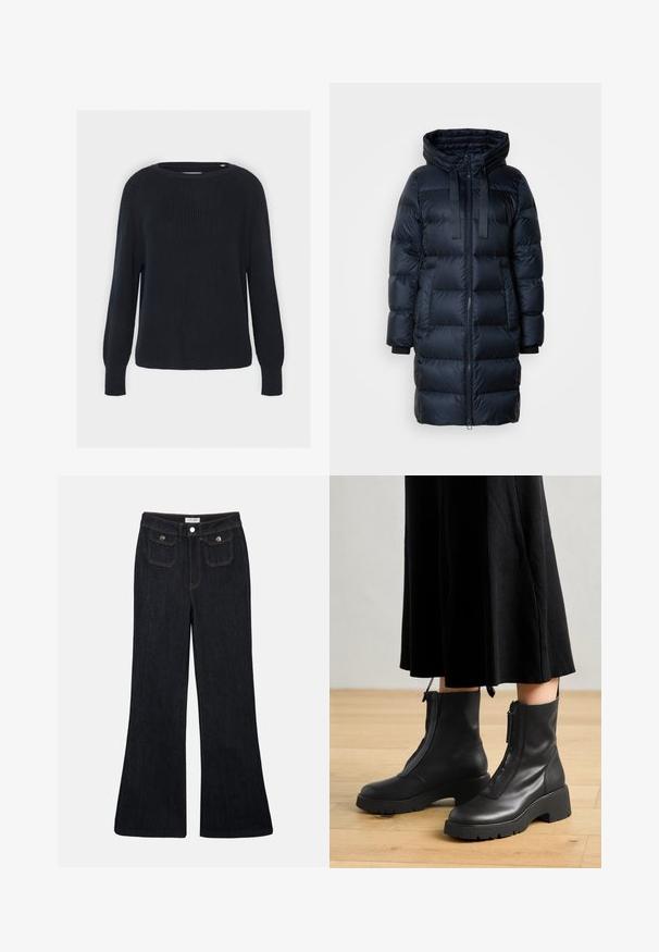 Marinefarbener Puffermantel mit hohem Kragen, Frontreißverschluss und verstellbarem Kordelzug in der Kapuze. Verfügt über gerippte Bündchen und gesteppten Stoff.; Marineblauer gestrickter Pullover mit rundem Halsausschnitt, gerippter Textur und langen Raglanärmeln. Hat einen geraden Schnitt am Saum.; Schwarze, ausgestellt geschnittene Jeans aus Denim mit hoher Taille, zwei Fronttaschen und orangefarbenen Nähten. Das Material wirkt robust und glatt.; Schwarze Lederstiefeletten mit einer dicken Plattformsohle und einem Reißverschluss vorne. Glatte Textur mit einem minimalistischen Design.