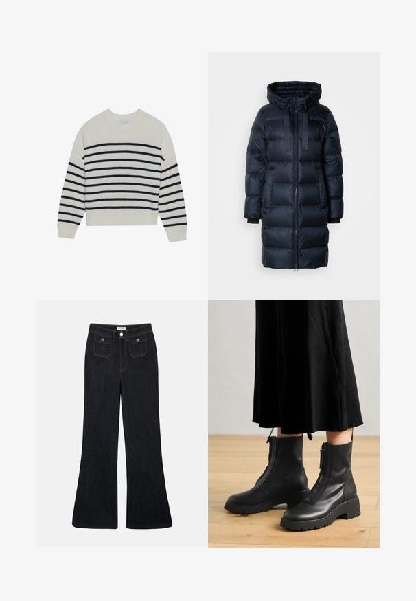 Manteau matelassé bleu marine avec col montant, fermeture éclair à l'avant et capuche avec cordon de serrage ajustable. Comprend des poignets côtelés et un tissu matelassé.; Pull créme avec des rayures horizontales navy, texture côtelée, col rond et manches longues. Coupe décontractée avec un design court.; Jeans en denim foncé évasés avec une taille haute, deux poches avant et des coutures orange. Le matériau semble robuste et lisse.; Bottines en cuir noir avec une semelle plateforme épaisse et une fermeture éclair à l'avant. Texture lisse avec un design minimaliste.