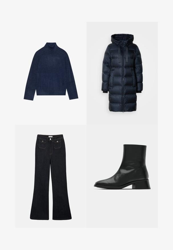 Marineblå jakke med høj krave, lynlåslukning foran og justerbar snørehætte. Har ribbede manchetter og quiltet stof.; Mørkeblå rullekrave sweater med ribbet detaljering på kraven og ærmerne, lavet af et blødt, struktureret strikket stof med en afslappet silhuet.; Sorte denim jeans med høj talje, flared ben, to frontlommer og orange syninger. Materialet ser solidt og glat ud.; Sort ankelstøvle lavet af blank læder, med et strømlinet design, spids tå og en moderat blokhælhøjde for stabilitet.