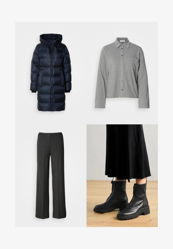 Marineblauwe pufferjas met een hoge kraag, vooraan met ritssluiting en verstelbare trekkoordcapuchon. Beschikt over ribgebreide manchetten en gewatteerde stof.; Grijze button-up shirt van soepel materiaal, voorzien van een kraag, lange mouwen, een borstzak en een knoopmanchet met logodetail.; Wijdvallende broek in donkergrijs, gemaakt van geweven stof. Heeft een aansluitende tailleband en een subtiel streeppatroon.; Zwarte leren enkelboots met een chunky platformzool en een rits aan de voorkant. Glad oppervlak met een minimalistisch ontwerp.