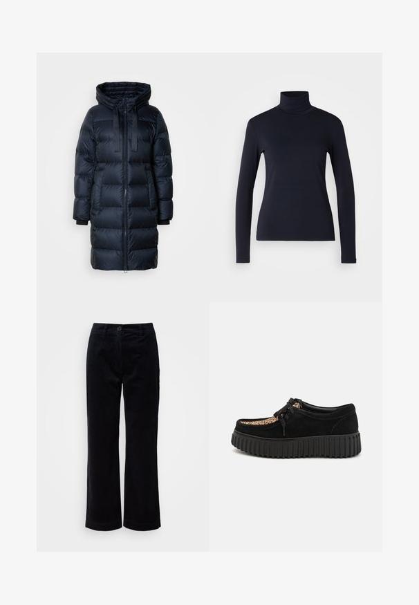 Marineblå jakke med høj krave, lynlåslukning foran og justerbar snørehætte. Har ribbede manchetter og quiltet stof.; Marineblå turtleneck langærmet top. Fremstillet af blødt stof med en glat tekstur. Har et tætsiddende design og høj krave uden synlige sømme.; Sorte fløjlsbukser med lige ben, knap- og lynlås lukning, bæltestropper og sidelommer på en hvid baggrund.; Sort ruskindssko med leopardmønster, rund tå, snørebåndsdesign og tykk sort gummisål med ribbet tekstur.