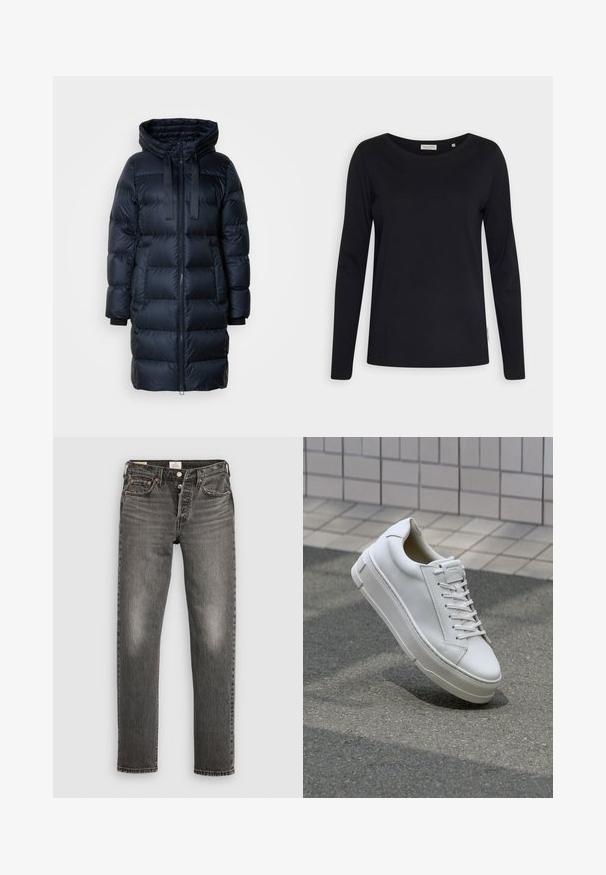 Marinefarbener Puffermantel mit hohem Kragen, Frontreißverschluss und verstellbarem Kordelzug in der Kapuze. Verfügt über gerippte Bündchen und gesteppten Stoff.; Schwarzes langärmliges T-Shirt mit rundem Halsausschnitt und Etikett an der Seite. Hergestellt aus glattem Baumwollstoff mit regulärer Passform.; Graue Jeans aus Denim mit geradem Bein, mit beschädigter Textur, subtilen Verwaschungen, kupfernen Nieten und einem klassischen Knopfverschluss.; Weiße Leder-Sneaker mit einem Low-Top-Design, flachen Schnürsenkeln, runder Zehenform und strukturierten Seiten. Dicke Gummisohle mit dezenten Akzenten.