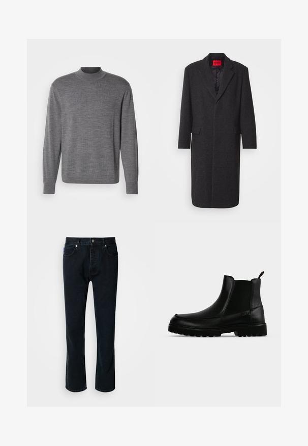 Sort uldblandingsfrakke med en skræddersyet silhuet, spidse revers, to forlommer og en blank inderside. Mærkets label synlig.; Grå langærmet sweater lavet af strikket materiale, med en høj hals og et subtilt logo på brystet. Glat tekstur og tætsiddende design.; HUGO JONAH - Jeans Straight Leg - dark blue; Sort læderankelstøvle med tekstureret sål, elastiske sidepaneler og træksnor på en lysegrå baggrund.