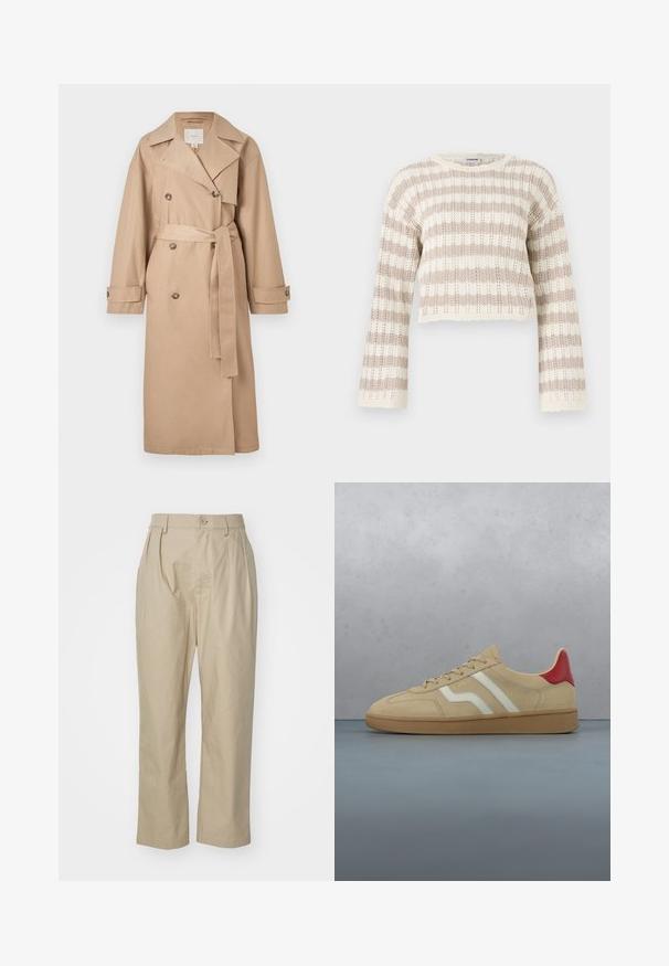 Beige dobbeltbrystet trenchcoat med bælte i taljen, stor krave og knapdetaljer; lavet af et glat, let stof.; Hæklet striktrøje i beige og creme, med brede ærmer, vandrette striber og en cropped design med bølgede kanter.; Beige bukser lavet af bomuld, med afslappet pasform, frontfolder, en enkelt knaplukning og lige ben med syede kant.; Beige ruskindssneaker med rød hældetalje, hvide striber og en tekstureret tanfarvet gummisål. Har snørebånd og glat inderside.