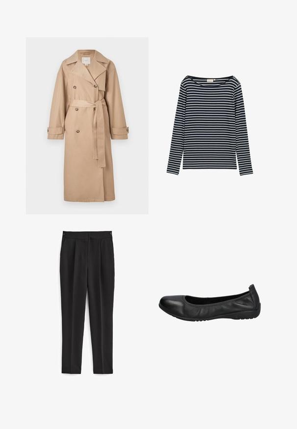 Beige dobbeltbrystet trenchcoat med bælte i taljen, stor krave og knapdetaljer; lavet af et glat, let stof.; Marineblå og hvid stribet langærmet skjorte med en bred halsudskæring, lavet af et blødt materiale, med jævnt fordelte vandrette striber.; Sorte bukser med skræddersyet pasform, med flad front, to sidelommer og et rent, sømløst design. Fremstillet af et glat, åndbart stof.; Sorte læder balletflade med rund tå, glat overflade og en let elastisk kant for komfort. Gummisål for godt greb.