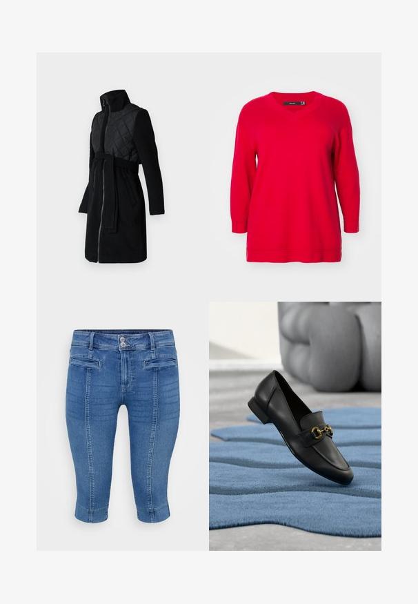 Manteau noir avec une partie supérieure matelassée, des manches longues, un col haut et une ceinture assortie, avec une finition lisse et texturée.; Pull rouge à manches longues avec col en V, présentant une coupe décontractée et des poignets côtelés, fabriqué en tissu tricoté doux.; Pantalon capri en denim bleu avec un design ajusté, deux poches avant et un ourlet retroussé. Le tissu a une texture lisse avec un léger effet délavé.; Mocassin en cuir noir avec détail de boucle dorée posé sur un tapis bleu texturé, avec en arrière-plan une sculpture grise floue.