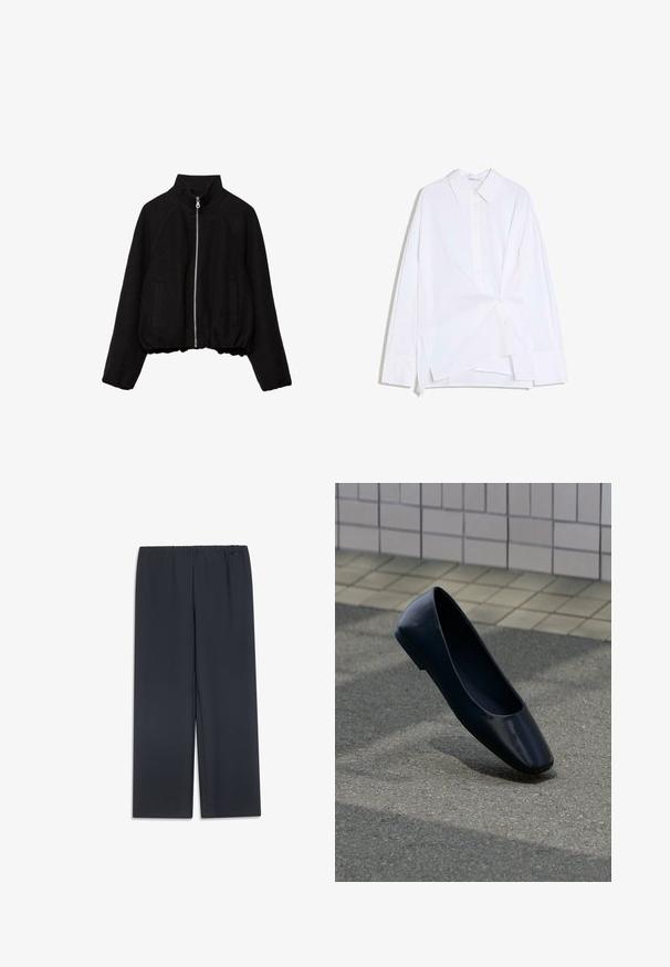 Veste courte noire en tissu doux, avec un col montant, une fermeture éclair à l'avant et deux poches latérales, ainsi que des poignets côtelés.; Chemise blanche à manches longues avec boutons, devant asymétrique torsadé et col classique, présentée sur un fond blanc.; Pantalon noir à jambes larges en tissu doux, doté d'une taille élastique et d'une silhouette droite. Aucun motif ni ornement présent.; Chaussure plate en cuir noir debout sur une surface asphaltée près du bord d'un trottoir carrelé.