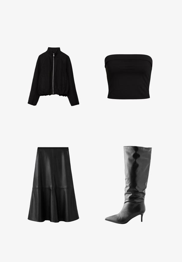 Sort cropped jakke lavet af blødt stof, med høj krave, lynlås foran og to sidelommer med ribkanter.; Sort strapless top med et tætsiddende design, lavet af blødt stof med en glat overflade og rene kanter. Ingen yderligere mønstre eller accenter.; Sort læder nederdel i A-facon med en glat tekstur, knælængde design og diskrete sømdetaljer for varieret visuel interesse.; Knæhøje sorte læderstøvler med et struktureret mønster, spids tå og stilettohæl. Den slouchy design fremhæver den overordnede silhuet.
