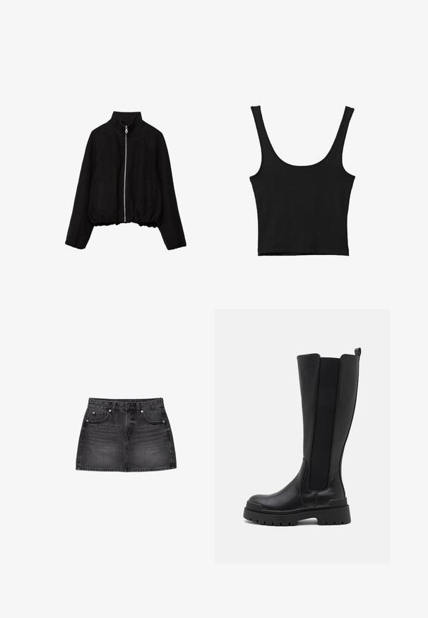Zwart cropped jack van zacht stof, voorzien van een hoge kraag, ritssluiting aan de voorkant en twee zijzakken met geribbelde manchetten.; Zwarte gemakkelijke crop top met brede schouderbanden, gemaakt van zachte stof, met een gladde textuur en een minimalistisch ontwerp.; Zwarte denim minirok met knopen aan de voorkant, ritssluiting, lussen voor een riem en twee voorzakken aan elke kant.; Even&Odd Plateaulaarzen - black