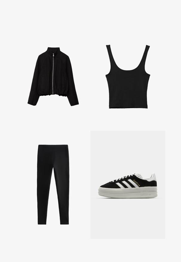 Sort cropped jakke lavet af blødt stof, med høj krave, lynlås foran og to sidelommer med ribkanter.; Sort cropped tank top med brede skulderstropper, lavet i blødt materiale, med en glat tekstur og et minimalistisk design.; Sorte leggings lavet af strækbart stof, med en tætsiddende design uden synlige sømme eller lommer, velegnet til forskellige aktiviteter.; Sort ruskind sneaker med hvide læderdetaljer, tre hvide striber, flade snørebånd og en tyk grå platformsål. Guldfarvet "Gazelle" branding.