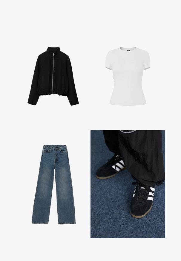 Sort cropped jakke lavet af blødt stof, med høj krave, lynlås foran og to sidelommer med ribkanter.; Plain hvid tætsiddende T-shirt med korte ærmer og rund hals, vist på en hvid baggrund.; Blå denim brede ben jeans med høj talje, fem lommer og kontraststing. Udsivninger og mindre slid synlige på stoffet.; Sorte suedetrainingssko med tre hvide striber og sorte snørebånd. Et tekstureret sort bukser er delvist synligt ved siden af skoene.