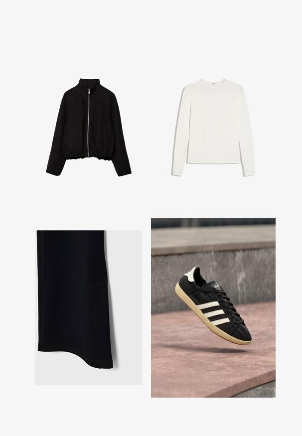 Veste courte noire en tissu doux, avec un col montant, une fermeture éclair à l'avant et deux poches latérales, ainsi que des poignets côtelés.; T-shirt blanc uni à manches longues avec col rond et coupe ajustée, posé à plat sur un fond blanc.; Pantalons de sport noirs avec une texture lisse, un ourlet incurvé, une poche latérale et des coutures contrastées, conçus pour le confort et la mobilité.; Baskets Adidas noires avec des bandes blanches et une semelle beige, capturées en plein air au-dessus d'une surface en pierre et d'un mur en pierre en arrière-plan.