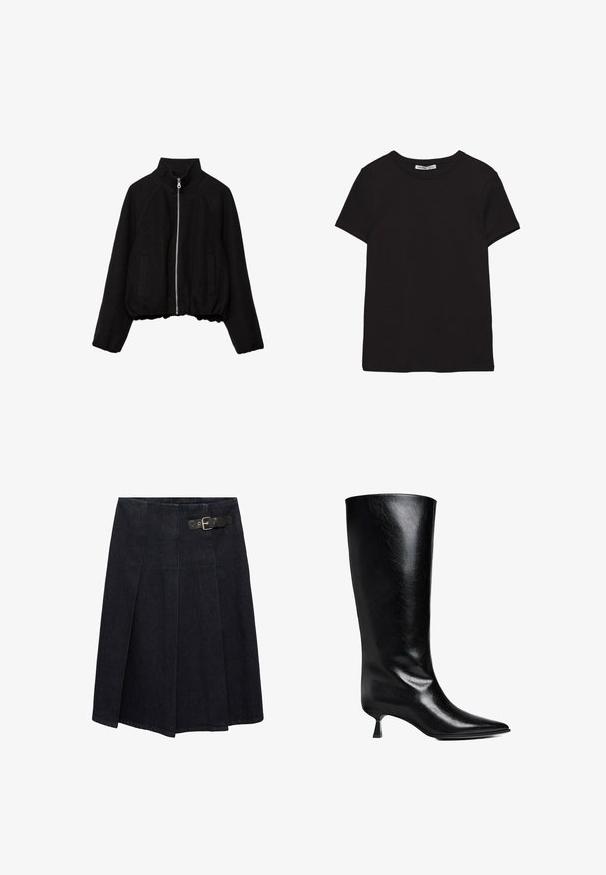 Veste courte noire en tissu doux, avec un col montant, une fermeture éclair à l'avant et deux poches latérales, ainsi que des poignets côtelés.; T-shirt noir en coton à manches courtes avec encolure ronde, coupe standard et étiquette intérieure visible au niveau du col.; Jupe en denim foncé avec une taille ajustée, détail de boucle sur le côté, design plissé et une silhouette légèrement évasée. Coutures décoratives sur l'ensemble.; Boot en cuir noir, montant jusqu'au genou, avec un bout pointu, une silhouette élancée et un talon carré bas, le tout avec une finition brillante.