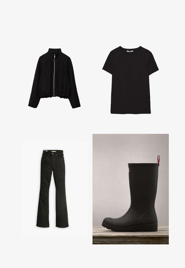 Zwart cropped jack van zacht stof, voorzien van een hoge kraag, ritssluiting aan de voorkant en twee zijzakken met geribbelde manchetten.; Zwart katoenen T-shirt met korte mouwen, ronde hals, standaard pasvorm en zichtbaar binnenlabel in de nek.; Zwarte flare jeans van denim. Beschikt over een klassiek vijf-pocket ontwerp met een ritssluiting, stevige stiksels en een schone zoom.; Zwarte rubberen waterdichte laars met een ronde neus, textuur bovenkant en een witte en rode trekloop. Logo geplaatst aan de bovenkant. Platte zool.