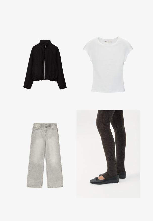 Veste courte noire en tissu doux, avec un col montant, une fermeture éclair à l'avant et deux poches latérales, ainsi que des poignets côtelés.; T-shirt en coton blanc avec manches courtes retroussées, encolure ronde et ourlet droit. Texture lisse sans motifs ni accents visibles.; Jean denim gris à jambes larges avec une finition délavée, cinq poches et des éléments métalliques. Le tissu a une texture douce avec un ourlet net.; Jambes portant des leggings côtelés foncés associés à des ballerines noires avec de petits détails en nœud sur fond blanc.