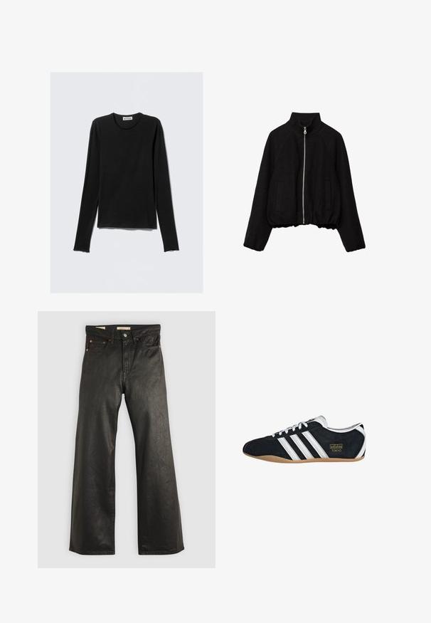 Veste courte noire en tissu doux, avec un col montant, une fermeture éclair à l'avant et deux poches latérales, ainsi que des poignets côtelés.; Chemise noire à manches longues en tissu doux. Elle présente un col rond et des poignets légèrement effilochés, avec une coupe décontractée et un design minimaliste.; Pantalons larges en denim noir avec une texture lisse, dotés de cinq poches et de détails en métal cuivré. Fermeture classique avec bouton.; Sneakers en suede noir avec trois bandes blanches, logo doré et semelle en caoutchouc marron. Présente un design à lacets à profil bas.