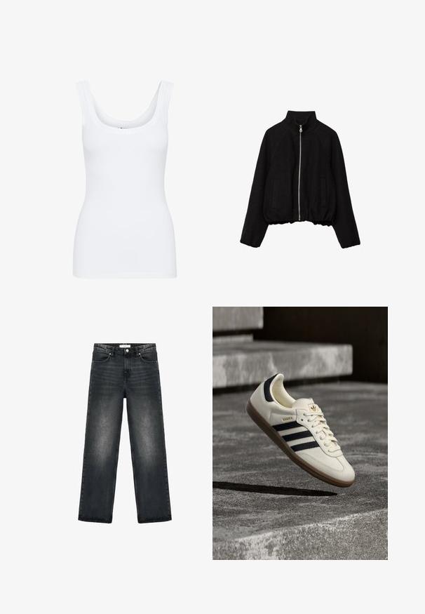 Sort cropped jakke lavet af blødt stof, med høj krave, lynlås foran og to sidelommer med ribkanter.; Hvid tanktop med rund udskæring, brede skulderstropper og tætsiddende design, lavet af et glat, strækbart stof.; Sorte denimbukser med en afslappet pasform, lige ben og let falming. Har en knaplukning og design med fem lommer for funktionalitet.; Hvid Adidas Samba sneaker med sorte striber og gummsål, svævende over teksturerede grå betonstrin.