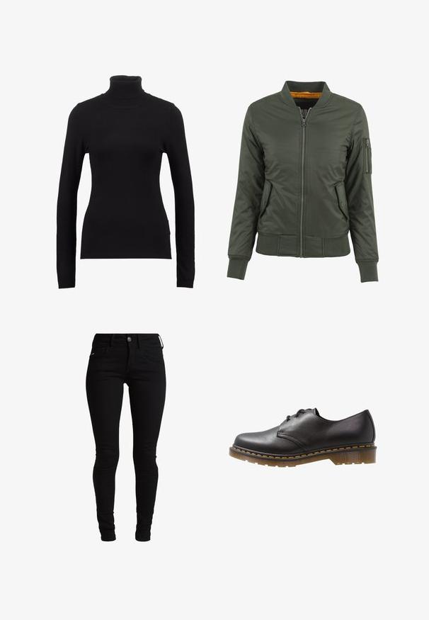 Chaqueta bomber verde con cremallera frontal, puños y dobladillo acanalados, dos bolsillos laterales y un bolsillo con cremallera en la manga. Forrada con tela naranja.; Suéter negro de cuello alto hecho de una tela suave, con mangas largas y una silueta ajustada. Diseño liso sin patrones visibles ni adornos.; Jeans skinnies negros de denim, con un diseño clásico de cinco bolsillos, trabillas para el cinturón y cierre frontal con botón. Textura suave y elástica.; Zapato de cuero negro con cordones, con punta redonda y suela gruesa y translúcida. Presenta costuras amarillas a lo largo del borde de la suela. Textura lisa.