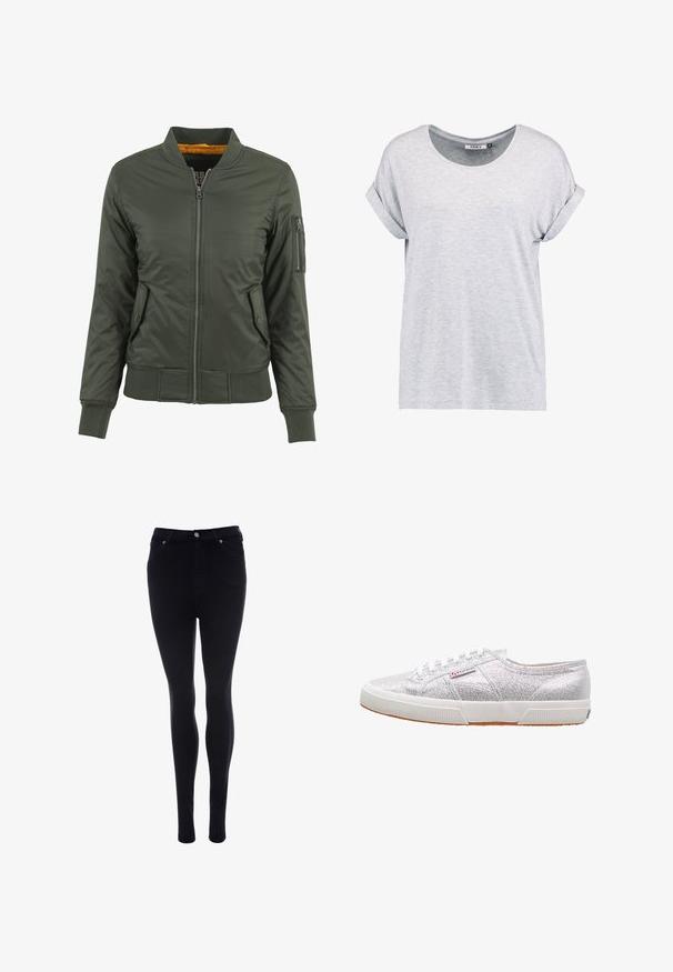 Groene bomberjack met een ritssluiting aan de voorkant, ribgebreide manchetten en zoom, twee zijzakken en een ritssluiting op de arm. Gevoerd met oranje stof.; Lichtgrijze, T-shirt met korte mouwen en rond hals, met oprolmanchetten, gemaakt van zachte stof, met een relaxte pasvorm en een minimaal design.; Zwarte skinny jeans van denim met een gladde textuur. Voorzien van een sluiting met een knoop en rits, vijf zakken en een slanke pasvorm.; Zilveren glitter sneakers met een witte rubberen zool, voorzien van een ronde neus, vetersluiting en een logo-patch aan de zijkant.