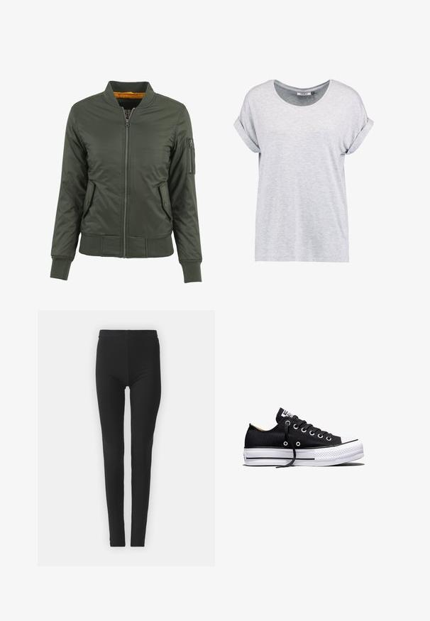 Chaqueta bomber verde con cremallera frontal, puños y dobladillo acanalados, dos bolsillos laterales y un bolsillo con cremallera en la manga. Forrada con tela naranja.; Camiseta de manga corta en gris claro, con cuello redondo y puños enrollados, fabricada en tejido suave, con un corte holgado y un diseño minimalista.; Leggings negros y elásticos con un ajuste ceñido, que cuentan con una cintura alta y una textura suave. Sin patrones visibles ni detalles de hardware.; Zapatilla deportiva negra de lona de corte bajo con suela plataforma de goma blanca, cordones negros y ojales de metal sobre fondo blanco.