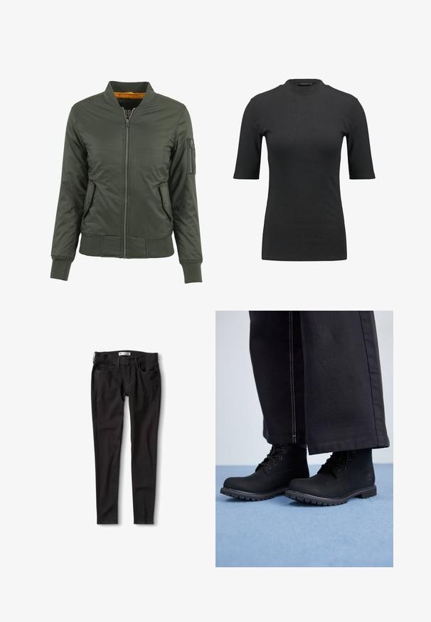 Veste bomber verte avec fermeture éclair à l'avant, poignets et ourlet côtelés, deux poches latérales et une poche à fermeture éclair sur le bras. Doublée de tissu orange.; T-shirt noir à côtes avec un col montant et des manches courtes. Design lisse et ajusté sans motifs ni détails matériels visibles.; Jeans en denim noir avec une coupe droite, dotés d'une taille standard, de passants de ceinture et de deux poches avant. Texture lisse, matériel minimal.; Bottines noires avec une finition lisse et mate ; design à lacets ; semelle robuste avec des crampons profonds ; associées à un pantalon large et sombre.