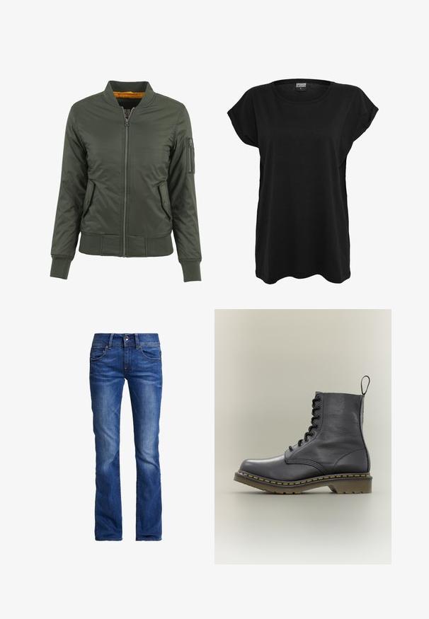 Veste bomber verte avec fermeture éclair à l'avant, poignets et ourlet côtelés, deux poches latérales et une poche à fermeture éclair sur le bras. Doublée de tissu orange.; T-shirt en coton noir avec des manches courtes, un col rond et une coupe décontractée. Présente une étiquette sur le col. Texture lisse et design simple.; Jeans droits bleu avec des détails délavés, cinq poches et fermeture à bouton à l'avant.; Botte de combat en cuir noir avec 8 œillets, semelle en caoutchouc, couture jaune et une languette à l'arrière. Présente une tige texturée.
