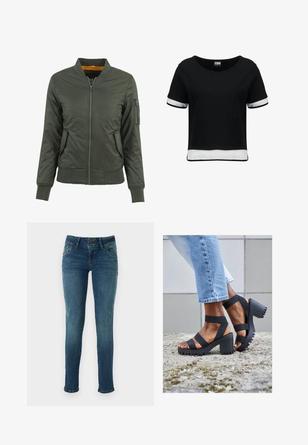 Zelená bomber bunda so zipsom vpredu, rebrovými manžetami a lemom, dvoma bočnými vreckami a vreckom na zips na rukáve. Podšitá oranžovou látkou.; Čierny skrátený tričko s krátkymi rukávmi, s bielymi sieťovými akcentmi na rukávoch a leme. Hladká látka; zaoblený výstrih.; Chudé modré džínsy s bledým povrchom, zapínanie na dva gombíky, päť vreciek a s mierne opotrebovaným detailom pri kolenách.; Čierne platformové sandále s hrubými popruhy a zúbkovanou podrážkou. Majú masívny podpätok, otvorenú špičku a hladký, matný povrch.