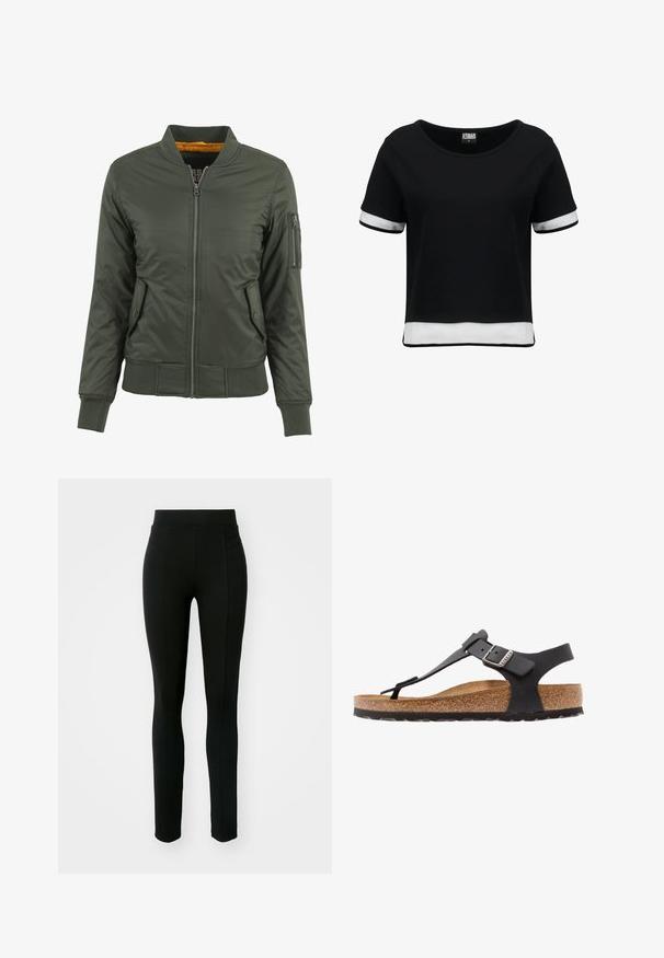 Chaqueta bomber verde con cremallera frontal, puños y dobladillo acanalados, dos bolsillos laterales y un bolsillo con cremallera en la manga. Forrada con tela naranja.; Camiseta negra corta con mangas cortas, que presenta detalles de malla blanca en las mangas y el dobladillo. Tela suave; escote redondeado.; Leggings negros de material elástico, con cintura alta, corte ajustado y dos bolsillos frontales sin costuras visibles.; Birkenstock KAIRO NU REGULAR - Sandalias - black