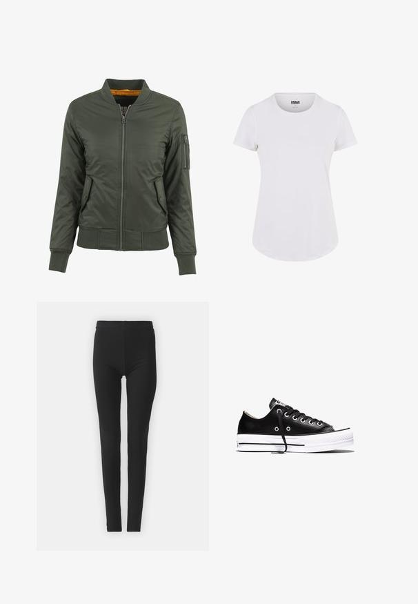 Chaqueta bomber verde con cremallera frontal, puños y dobladillo acanalados, dos bolsillos laterales y un bolsillo con cremallera en la manga. Forrada con tela naranja.; Camiseta blanca de manga corta con cuello redondo, hecha de una tela suave. Presenta un dobladillo ligeramente curvado y un diseño minimalista.; Leggings negros y elásticos con un ajuste ceñido, que cuentan con una cintura alta y una textura suave. Sin patrones visibles ni detalles de hardware.; Zapatilla negra de corte bajo con suela de goma blanca, cordones negros y ojetes plateados, mostrada de lado sobre un fondo blanco.