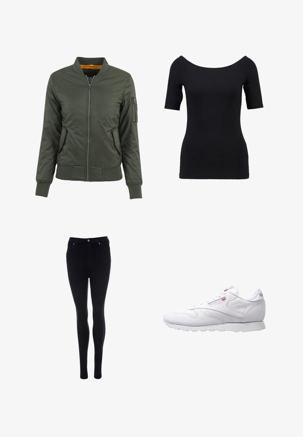 Chaqueta bomber verde con cremallera frontal, puños y dobladillo acanalados, dos bolsillos laterales y un bolsillo con cremallera en la manga. Forrada con tela naranja.; Top negro de manga corta con escote off-the-shoulder, diseño ajustado y textura suave. Sin patrones visibles ni detalles de hardware.; Vaqueros skinny negros de denim con una textura suave. Presentan un cierre frontal de botón y cremallera, cinco bolsillos y un ajuste elegante.; Zapatillas deportivas blancas con parte superior de cuero suave, puntera redondeada y suela de goma texturizada. Presentan un sutil logo en el lateral y en la lengüeta.