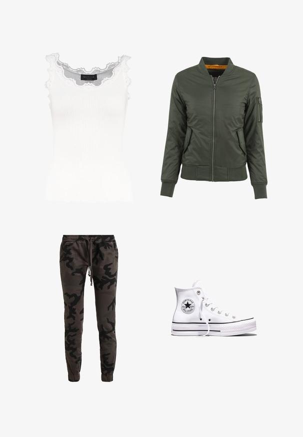 Veste bomber verte avec fermeture éclair à l'avant, poignets et ourlet côtelés, deux poches latérales et une poche à fermeture éclair sur le bras. Doublée de tissu orange.; Débardeur blanc à côtes avec dentelle au niveau de l'encolure et des manches. Présente une texture douce et une coupe ajustée. Étiquette de la marque visible à l'intérieur.; Jogging en camouflage de couleur gris foncé et noir, en mélanges de coton doux. Comprend une taille élastique avec cordon de serrage, des poches latérales et des poignets ajustés.; Baskets blanches montantes Converse Chuck Taylor All Star avec des rayures noires et un patch logo sur le côté, présentées sur un fond blanc uni.