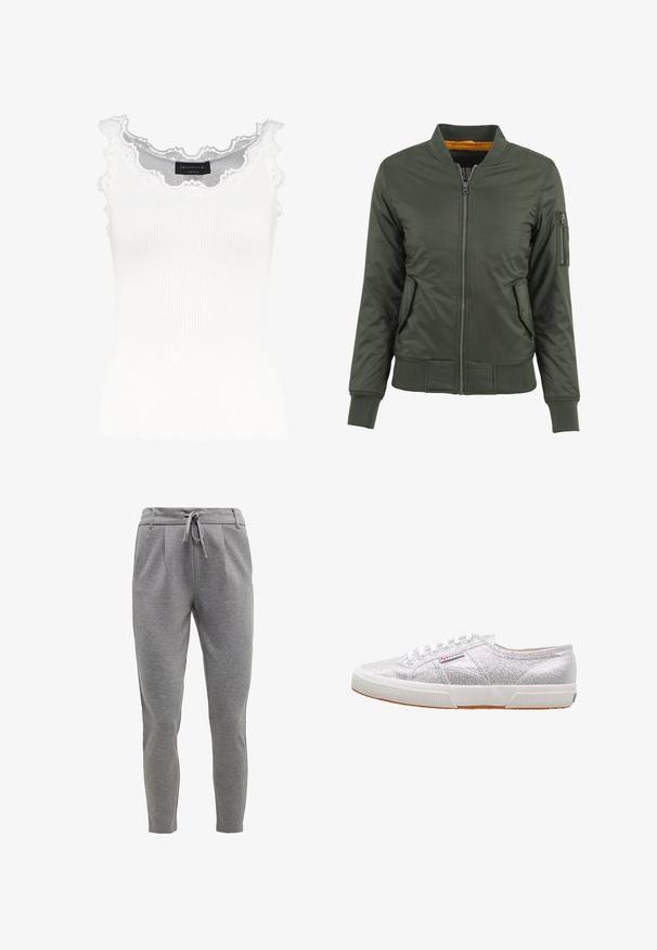 Veste bomber verte avec fermeture éclair à l'avant, poignets et ourlet côtelés, deux poches latérales et une poche à fermeture éclair sur le bras. Doublée de tissu orange.; Débardeur blanc à côtes avec dentelle au niveau de l'encolure et des manches. Présente une texture douce et une coupe ajustée. Étiquette de la marque visible à l'intérieur.; Pantalons de survêtement gris en tissu doux, dotés d'une taille avec cordon de serrage, de jambes fuselées et de poches latérales. Texture lisse avec un léger motif chiné.; Baskets à paillettes argentées avec une semelle en caoutchouc blanche, présentant un bout arrondi, un design à lacets, et une étiquette logo sur le côté.