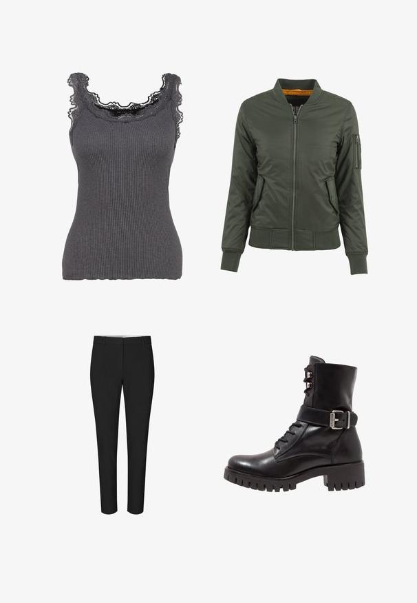 Grüne Bomberjacke mit Reißverschluss vorne, gerippten Bündchen und Saum, zwei seitlichen Taschen und einer Reißverschluss-Tasche am Arm. Mit orangefarbener Innenauskleidung.; Graues geripptes Tanktop mit Spitzenbesatz am Ausschnitt. Der Stoff ist weich und hat eine figurbetonte Form, mit leichtem Stretch und gewellten Kanten.; Schwarze, schmal geschnittene Anzughose mit Gürtelschlaufen und flacher Vorderseite, vor einem schlichten weißen Hintergrund.; Schwarze Leder-Ankle-Boots mit einem Schnürverschluss an der Vorderseite, verstellbarem Metallverschluss und robuster Profilsohle. Mit glatter Oberfläche und strukturiertem Design.