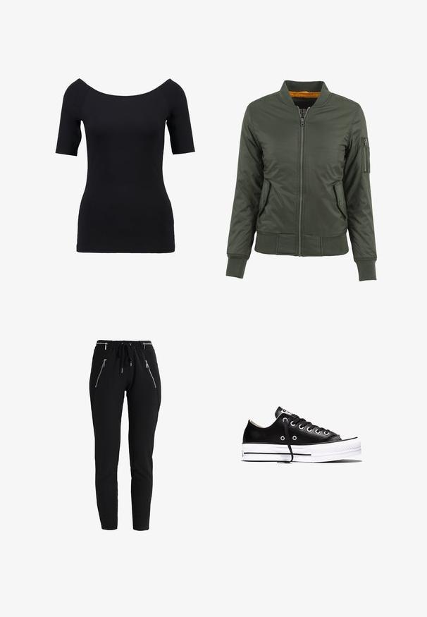 Veste bomber verte avec fermeture éclair à l'avant, poignets et ourlet côtelés, deux poches latérales et une poche à fermeture éclair sur le bras. Doublée de tissu orange.; Haut noir à manches courtes avec un décolleté dégagé, design ajusté et texture lisse. Pas de motifs ni de détails matériels visibles.; Pantalon noir slim fit avec taille élastique, cordon de serrage et quatre poches zippées argent visibles à l'avant.; Baskets basses noires avec semelle en caoutchouc blanche, lacets noirs et œillets argentés, vues de côté sur fond blanc.
