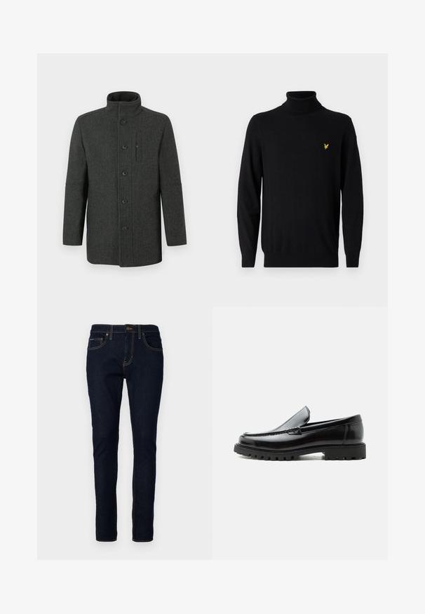 Uldt frakke med sildebensmønster i mørkegrå med høj krave, knaplukning og detaljer med sidelomme. Klassisk, skræddersyet pasform.; Sort turtleneck sweater lavet af blødt stof, med lange ærmer og et lille gult logo på venstre brystområde. Fladstrikket tekstur.; Mørkeblå denimjeans med slim fit, prydet med stikninger, fem lommer og knaplukning i taljen.; Sort læderloafer med chunky gummisål, syet overdel og præget mærkenavn på hælen, vist i sideprofil på hvid baggrund.