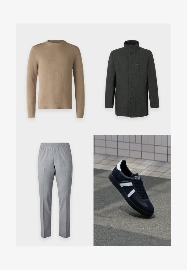 Wollen jas met visgraatpatroon in donkergrijs, voorzien van een hoge kraag, knoopsluiting en een detail met zijzak. Klassieke, getailleerde pasvorm.; Beige gebreide trui met een ronde hals, geribde manchetten en zoom, en een textuurstof, met een effen kleur zonder patronen of accenten.; Grijze, geweven broek met een elastische tailleband, rechte snit en een plooi aan de voorkant. De stof textuur lijkt glad en lichtgewicht.; Zwarte leren sneaker met witte strepen, een gestructureerde rubberen zool en vetersluiting aan de voorkant. Voorzien van een merklabel op de tong.