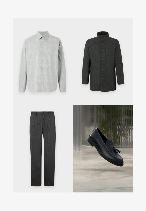 Wollen jas met visgraatpatroon in donkergrijs, voorzien van een hoge kraag, knoopsluiting en een detail met zijzak. Klassieke, getailleerde pasvorm.; Grijze lange mouwen shirt met een licht geruit patroon, knopen aan de voorkant, puntige kraag en een gladde stofstructuur.; Grijze op maat gemaakte broek met een rechte pijp, voorzien van een voorplooien, ritssluiting en knoopsluiting. Glad textuur, klassiek ontwerp.; Zwarte leren loafers met een gladde textuur, een afgeronde neus en decoratieve kwastjes aan de voorkant. Flexibele rubberen zool met lage hak.