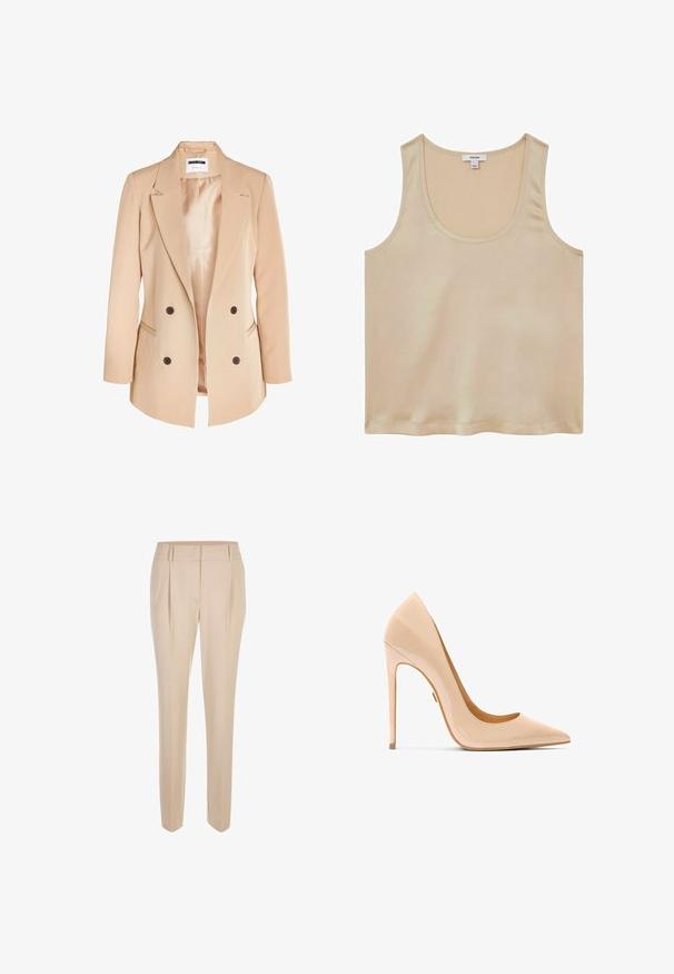 Noisy May VIVIAN - Kurzmantel - beige; Reiss REGULAR FIT - Bluse - neutral; Beige maßgeschneiderte Slim-Fit-Hosen mit vorderen Falten, Gürtelschlaufen und einem sauberen Bund, vor einem weißen Hintergrund präsentiert.; Nackter Pumps aus Lackleder mit spitzer Zehenpartie, schlanker Silhouette und Stöckelabsatz, ausgestattet mit einer glatten, glänzenden Oberfläche.